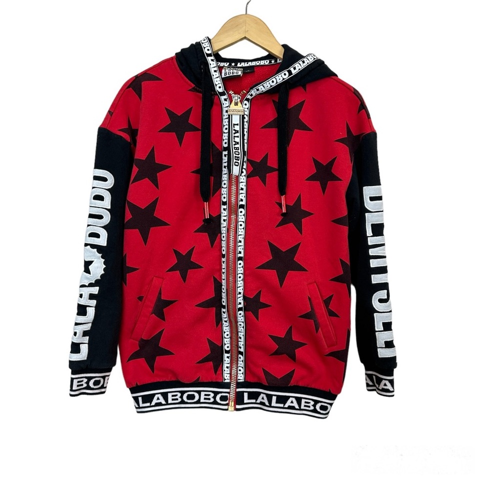 Lalabobo Hooded Sweatshirt Jacket Red Black Stars Men’s‎ Sz Medium
